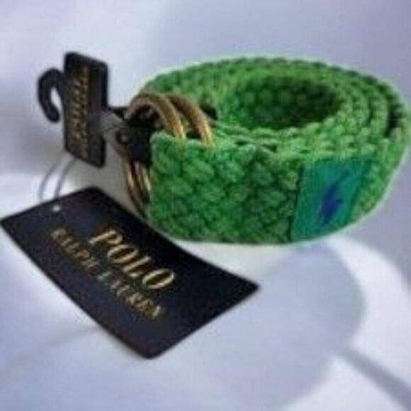 Polo Ralph Lauren Green Webbed Cotton ORing Belt Leather Trim Braided New Large - Picture 2 of 7